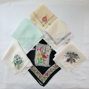 Vtg Silk Handkerchiefs Lot of 6 Hand Painted, Scalloped, Asian, Floral Hankies